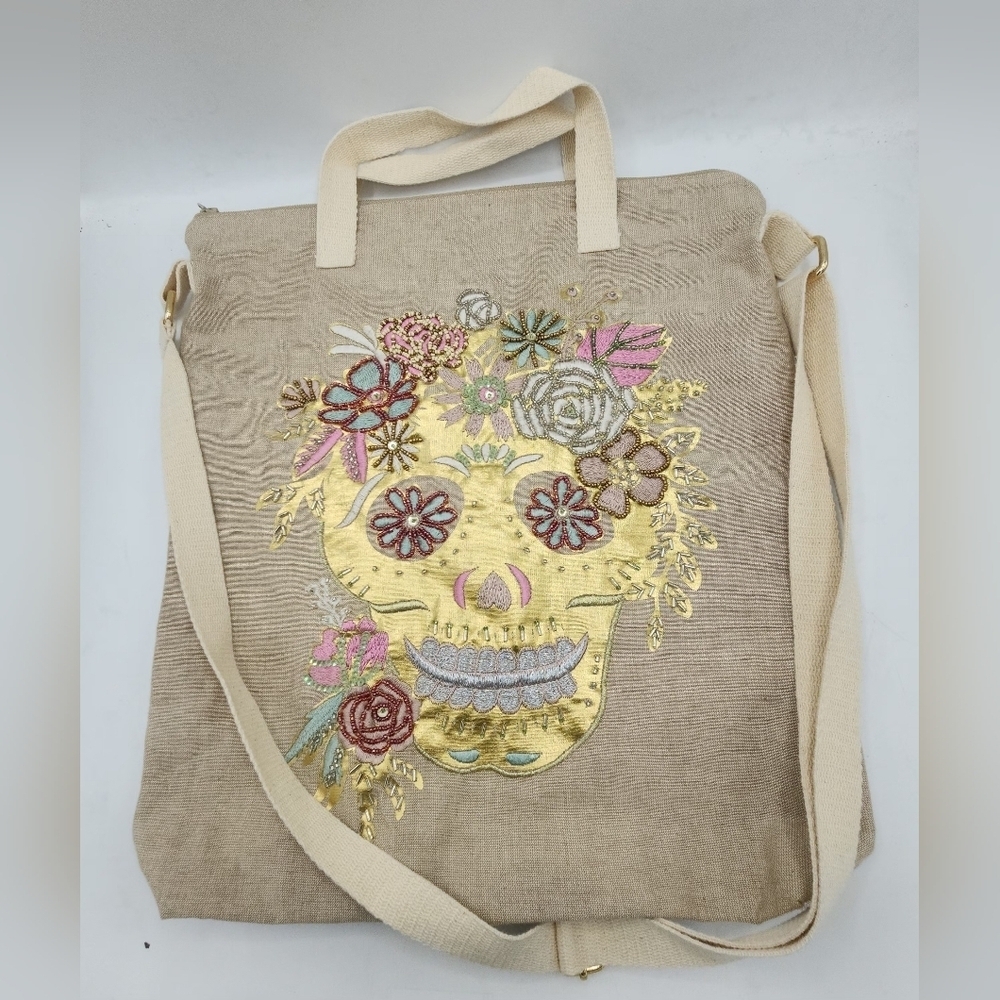 Sugar Skull Rose Flower Day of the Dead Handbag Shoulder In Tan